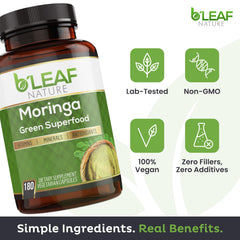 B'LEAF NATURE Moringa bottle on kitchen counter supports easy daily wellness.