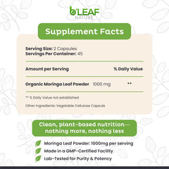 B'LEAF NATURE Moringa packaging hero emphasizing clean, non-GMO quality