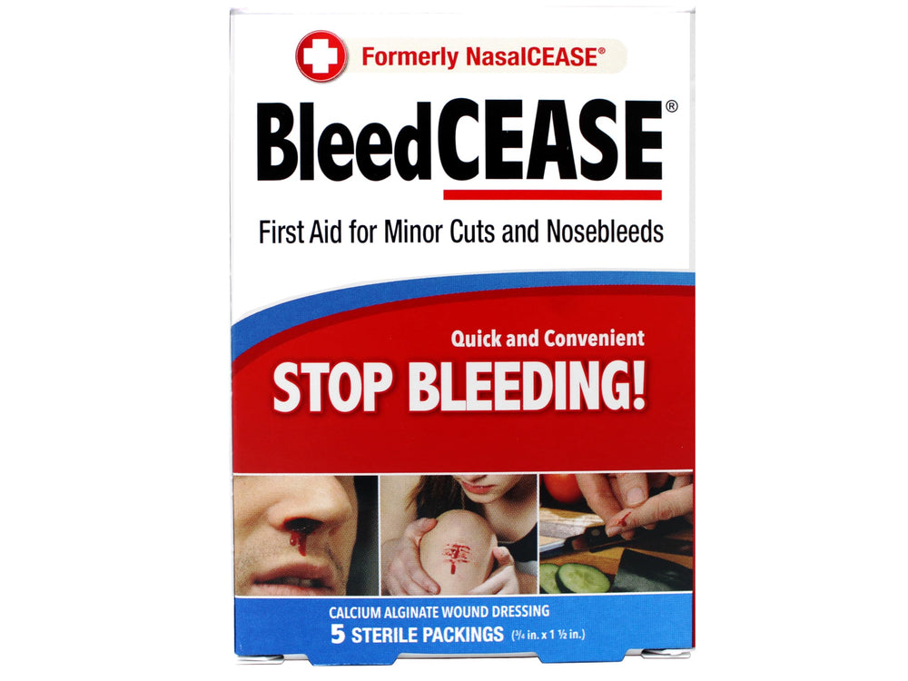 BleedCEASE first aid packaging box showing sterile packing for quick, clean application.