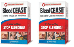 BleedCEASE nosebleed-stop-pack packaging shows ready-to-use sterile kit for quick care