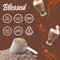 Blessed vegan protein powder being poured into a glass for a smoothie.