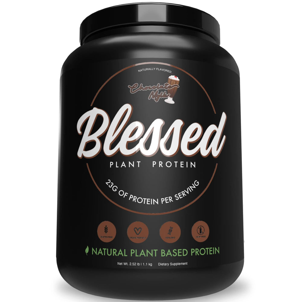 Blessed vegan protein powder tub with Chocolate Mylk for plant-based nutrition.