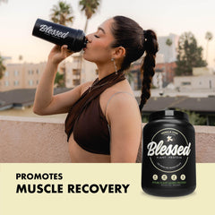 Scoop of Blessed protein beside a glass suggests easy meal replacement flexibility
