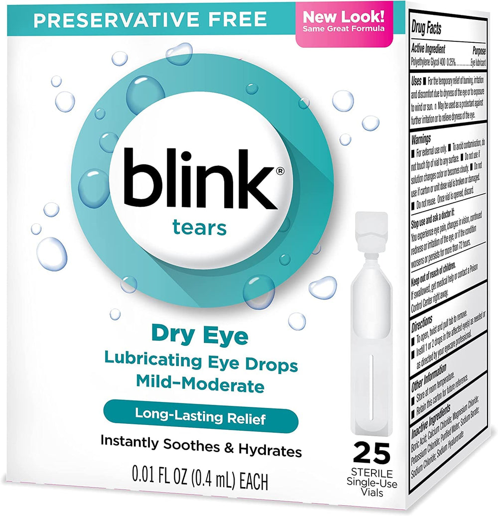 Blink Tears bottle close-up for quick, on-the-go eye relief.