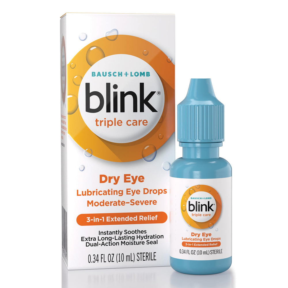 Blink Triple Care eye drops bottle closeup showing compact hydration for on-the-go relief