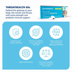 BLIS ThroatHealth 2.5B CFU lozenge closeup highlighting K12 potency for oral health