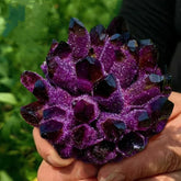 BLOCKv amethyst cluster front view; calming decorative stone for living spaces.