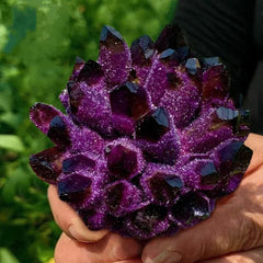 BLOCKv amethyst cluster front view; calming decorative stone for living spaces.
