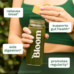 Digestive enzymes and probiotics icon with Bloom Nutrition greens powder, supports gut comfort.