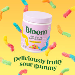 Bloom Nutrition High Energy Pre Workout Sour Gummy label signals delicious daily energy
