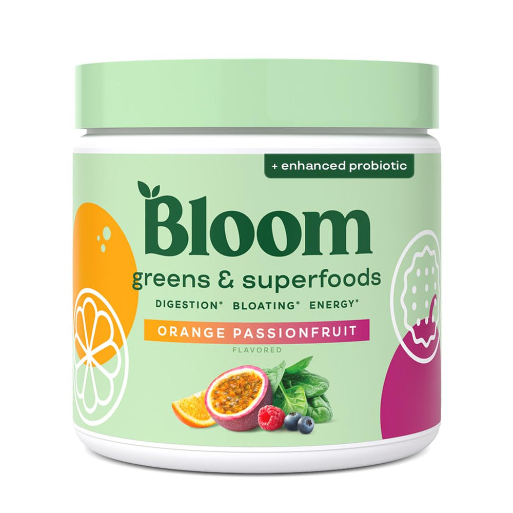 Bloom Nutrition Orange Passionfruit Greens Powder tub for daily nutrition boost.