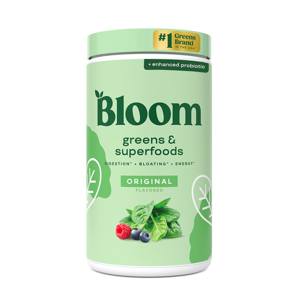 Bloom Nutrition greens powder bottle for daily gut health support.