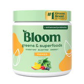 Bloom Nutrition superfood greens powder bottle, boosting daily greens with a probiotic blend