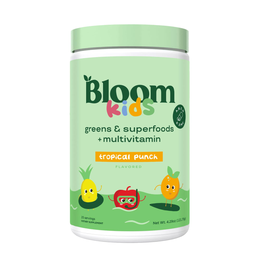 Bloom Nutrition kids greens powder jar highlighting a colorful, nutritious blend for digestion and immunity