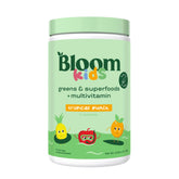 Bloom Nutrition kids greens powder jar highlighting a colorful, nutritious blend for digestion and immunity