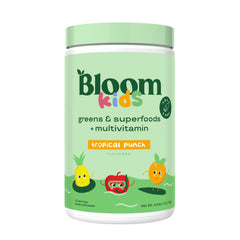 Bloom Nutrition kids greens powder jar highlighting a colorful, nutritious blend for digestion and immunity
