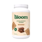 Bloom Nutrition Whey Isolate Chocolate tub for post-workout recovery and lean muscle support.