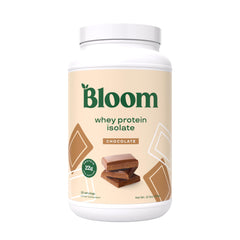 Bloom Nutrition Whey Isolate Chocolate tub for post-workout recovery and lean muscle support.