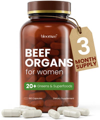 Bloomeo grass-fed organ supplement bottle front promotes daily balance and energy