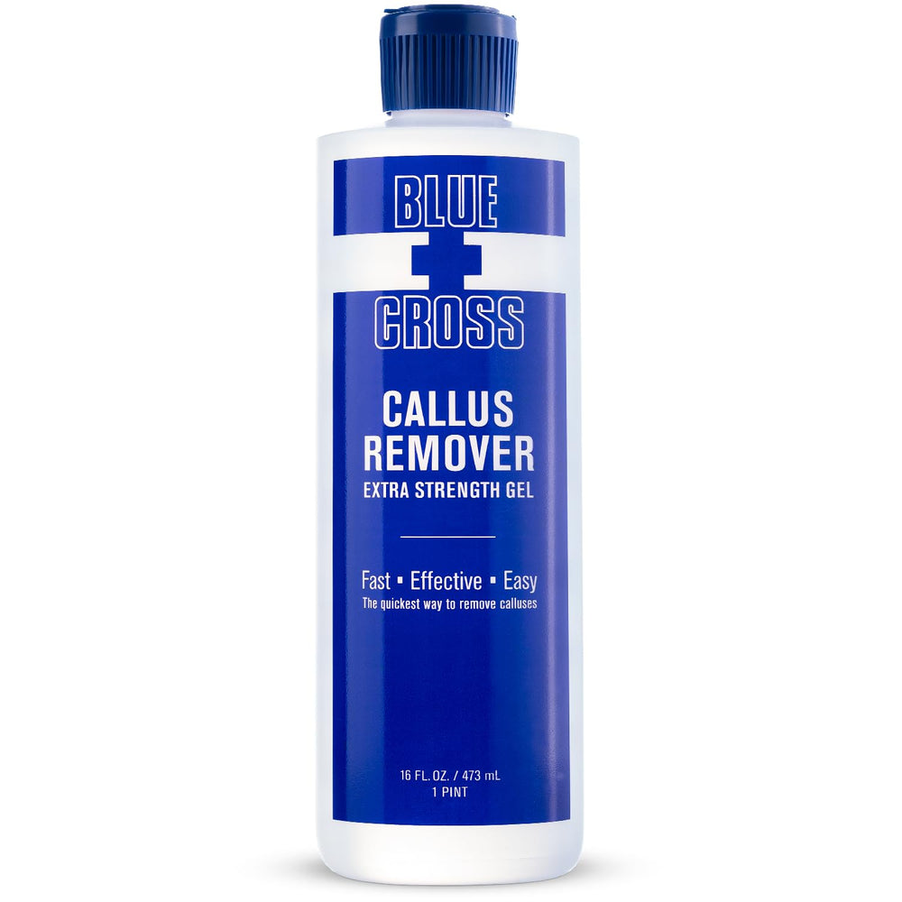 Blue Cross Callus Remover Gel bottle on counter for at-home pedicure.