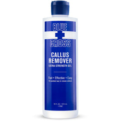 Blue Cross Callus Remover Gel bottle on counter for at-home pedicure.