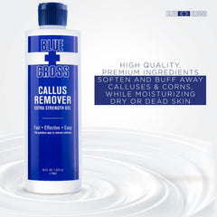 Blue Cross Callus Remover Gel dispense closeup showing premium formula.