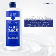 Blue Cross Callus Remover Gel texture swatch highlights extra-strength formula.