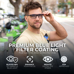 BLUE CUT anti-fatigue glasses shown with computer monitor for long work sessions.
