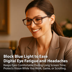 BLUE CUT wearer at desk demonstrates comfort during work and gaming sessions.