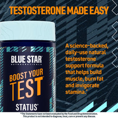 Blue Star Status capsules close-up emphasizing full-dose testosterone support.