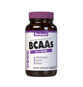 BlueBonnet BCAAs capsules in bottle highlighting 4:1:1 ratio for muscle support.