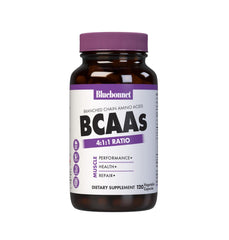 BlueBonnet BCAAs capsules in bottle highlighting 4:1:1 ratio for muscle support.