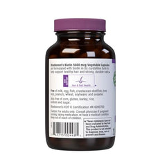BlueBonnet Biotin 5000mcg label close-up with certifications.