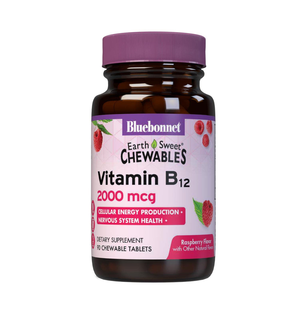 BlueBonnet EarthSweet B12 raspberry tablets close-up for daily energy support.