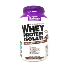 BlueBonnet Grass Fed Whey Isolate chocolate front label shows 26 g protein per serving.