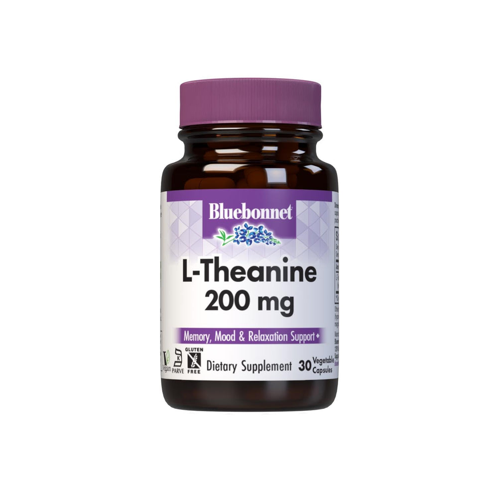 BlueBonnet L-Theanine bottle pour for a calm, balanced mood.