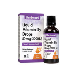 BlueBonnet liquid vitamin D3 drops in amber bottle for bone support