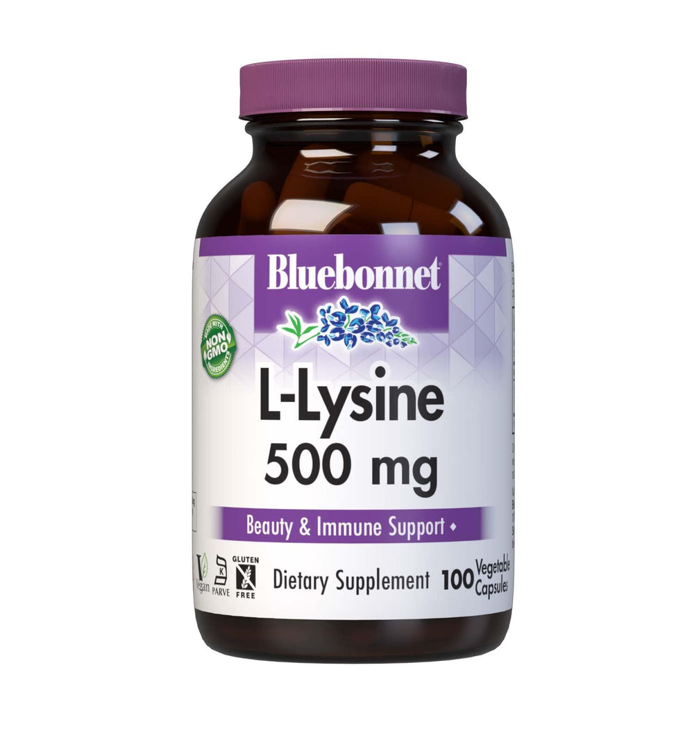 Bluebonnet L-Lysine 500mg bottle front showing vegan, non-GMO supplement