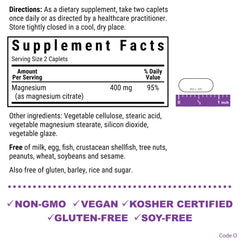 BlueBonnet Magnesium Citrate 400 mg caplets bottle back label communicates allergen-free ingredients.