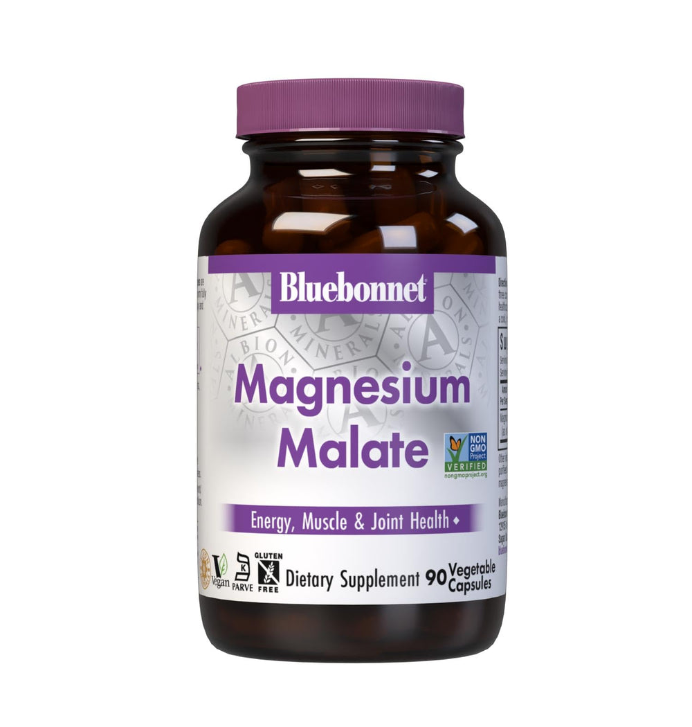 Bluebonnet Magnesium Malate bottle with easy-to-swallow capsules for energy support.