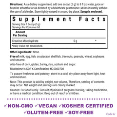 BlueBonnet Micronized Creatine Monohydrate scoop shows 5 g serving.