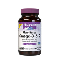 BlueBonnet Omega 3-6-9 softgels bottle on a shelf supports heart health.