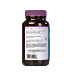 BlueBonnet Omega-3 Salmon Oil Softgels label showing gluten-free and dairy-free formula.