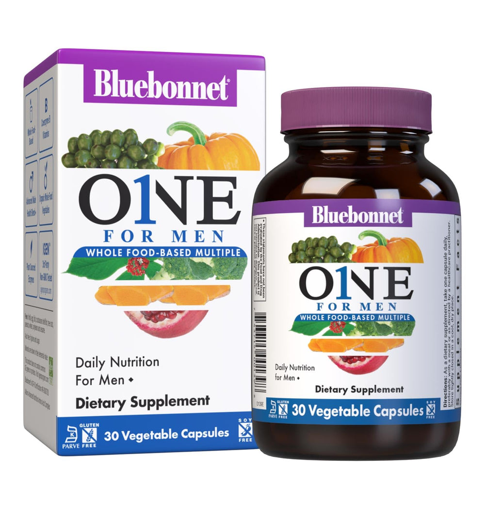 Bluebonnet One for Men bottle packaging shows a comprehensive daily multivitamin.