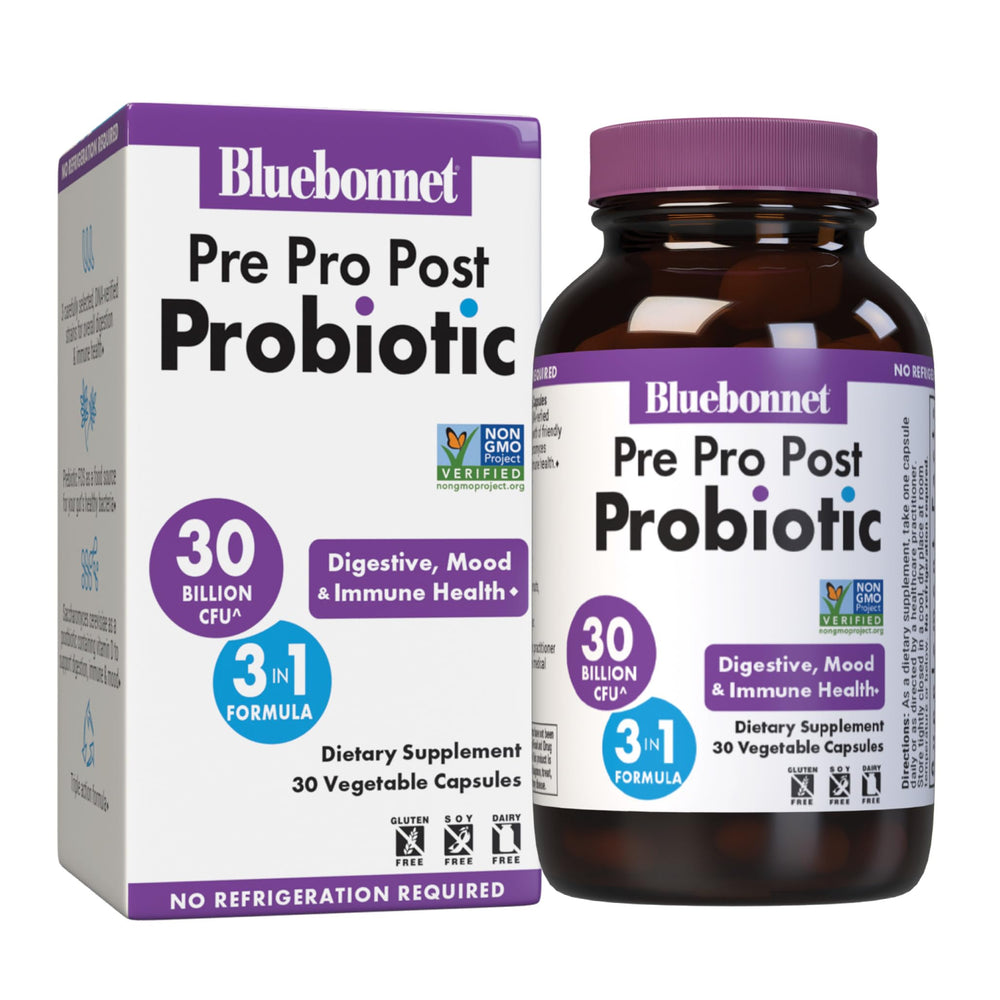 BlueBonnet Pre Pro Post Probiotic bottle shows 30 vegetarian capsules for gut and mood support