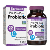 BlueBonnet Pre Pro Post Probiotic bottle shows 30 vegetarian capsules for gut and mood support