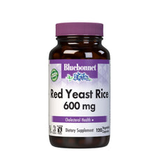 Bluebonnet Red Yeast Rice 600mg capsules, bottle with label, daily supplement for cholesterol balance.