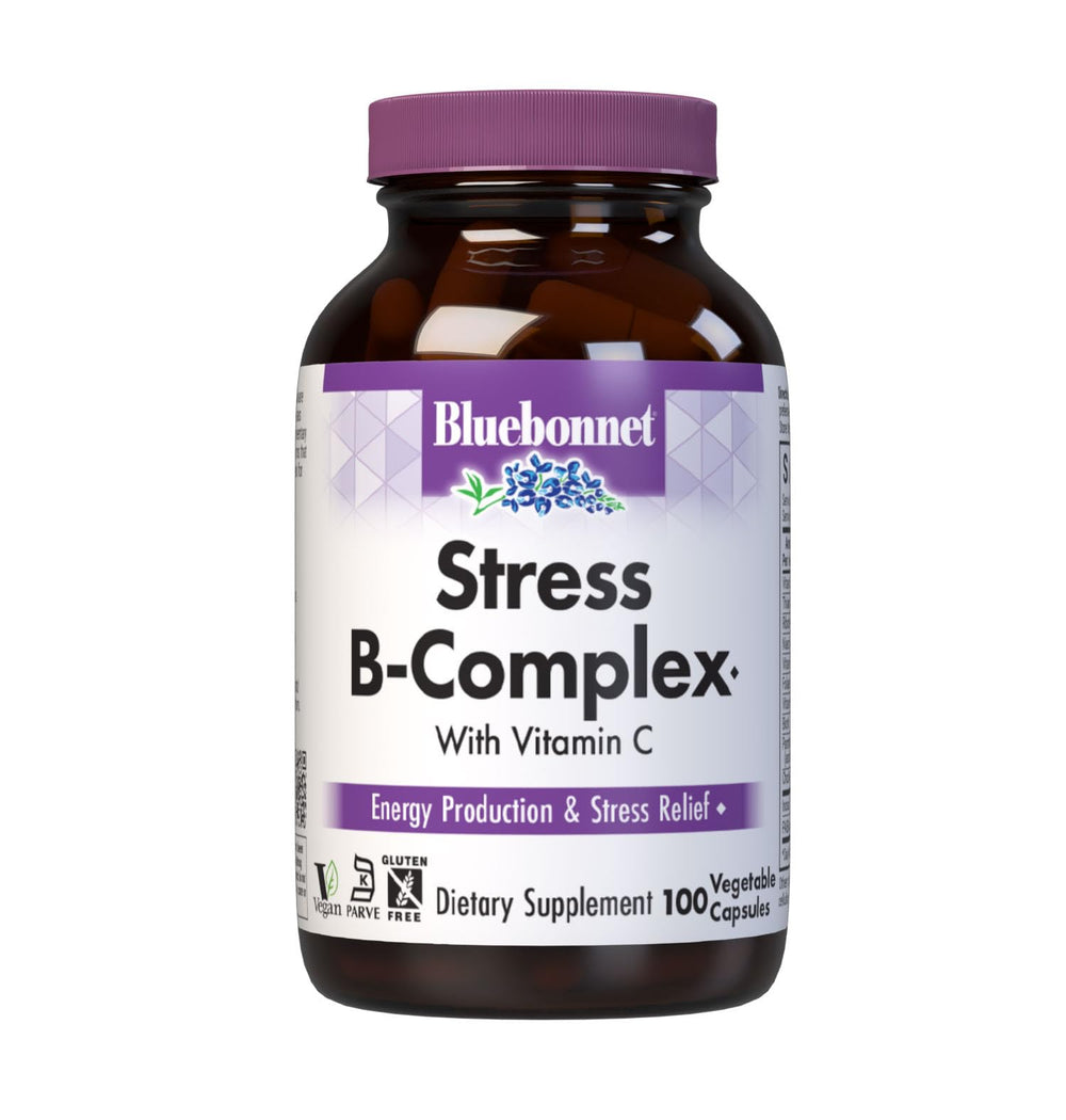 BlueBonnet Stress B Complex bottle with vegan capsules for daily energy support.
