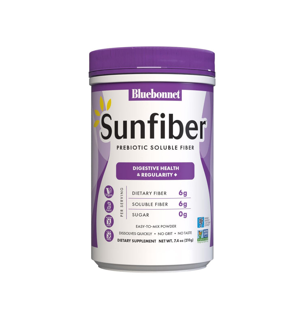 BlueBonnet Sunfiber powder being poured for gentle plant-based fiber support