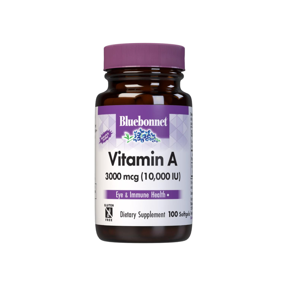 Bluebonnet Vitamin A 10,000 IU fish oil softgel bottle for daily eye and immune support.